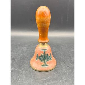 Vtg Enamel Over Brass‎ Hand Painted Holy Land Bell w/ Wood Handle 4.5" Tall